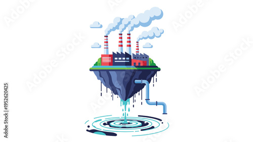 Surreal illustration of a small island floating in the air with a factory emitting smoke and a pipe dumping waste into water.
