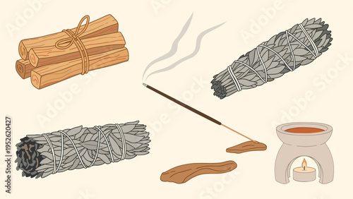 Wellness and spiritual collection featuring a bundle of sage, palo santo sticks, a lit candle, and a smoking incense stick.