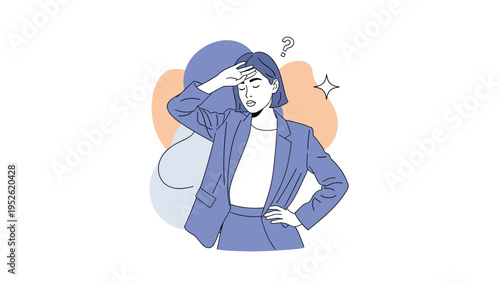 Modern illustration of a professional woman in a blue suit, looking stressed or pensive with a question mark above her head.