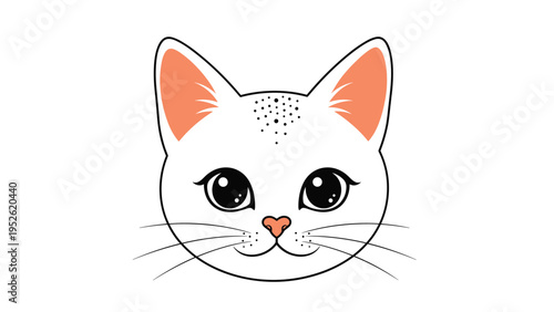 Cute illustration of a white cat face with large expressive black eyes, peach ears, and a small heart-shaped nose.