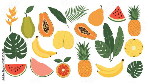 Large set of tropical fruits and leaves including pineapple, watermelon, banana, papaya, and various exotic green foliage.