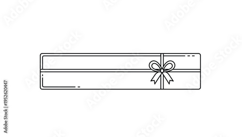 Minimalist line art illustration depicts a long and slender gift box wrapped with a decorative ribbon and a delicate bow in black and white.