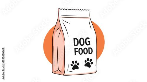 Paper bag of premium dog food is illustrated with a simple paw print design against a vibrant orange circular background shape.