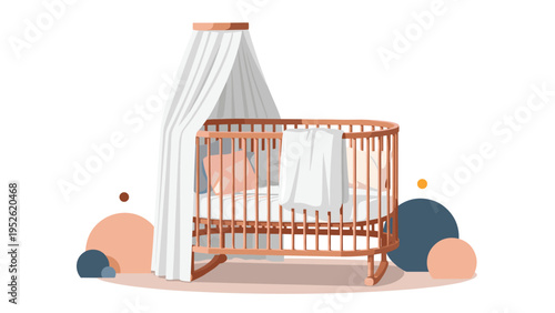 Elegant wooden baby crib is shown with a soft white canopy, comfortable pillows, and a thick blanket, creating a cozy nursery environment.