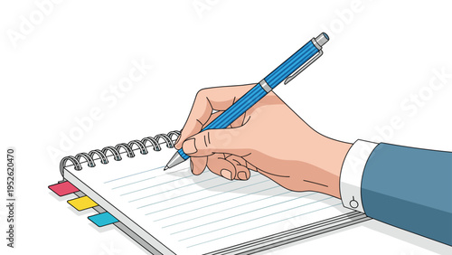 Close-up view shows a hand in a professional suit sleeve writing with a blue ballpoint pen in a spiral notebook on a white surface.