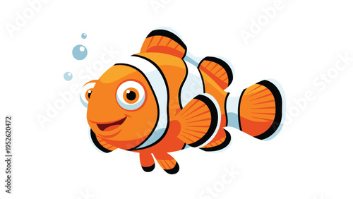 Friendly cartoon clownfish with bright orange and white stripes and large expressive eyes swims happily through clear blue water with bubbles.