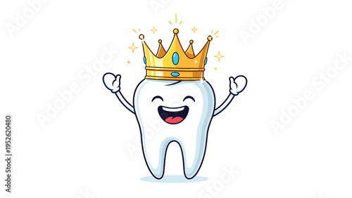 Joyful cartoon tooth character wearing a golden crown with blue jewels celebrates with raised arms and a bright smile on a white background.