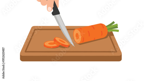 Human hand uses a sharp knife to carefully slice a fresh orange carrot on a sturdy wooden cutting board during healthy meal preparation.