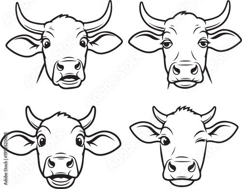 Set of 4 cow head vector illustrations isolated on Transparent Background