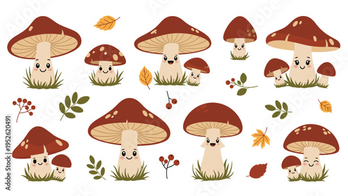 Collection of adorable cartoon mushrooms with smiling faces is scattered among various autumn leaves and small berries in an organic layout.