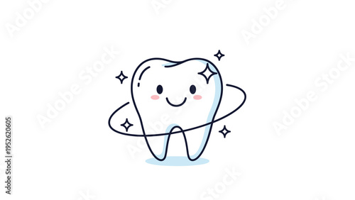Cheerful cartoon tooth character shines brightly with a wide smile and twinkling stars surrounding its clean white surface on a plain background.