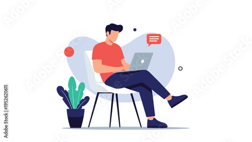 Professional man sits in a white chair and works diligently on a laptop, surrounded by abstract shapes and a potted plant in his workspace.