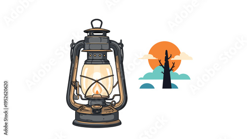 Vintage oil lantern lamp next to a minimalist landscape illustration featuring a silhouette of a tree against a bright orange sun.