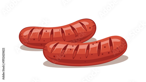 Two delicious grilled sausages with char marks and shadows, isolated on a white background, perfect for bbq and food themes.