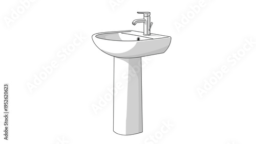 Modern white ceramic pedestal bathroom sink with a chrome faucet, isolated on a white background for interior design use.