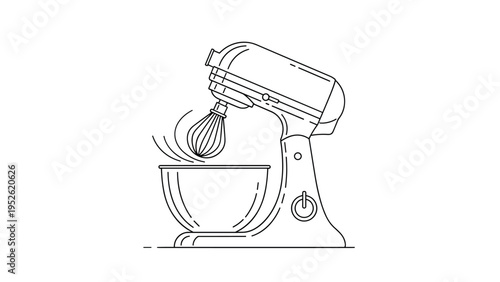 Black and white line art illustration of a professional kitchen stand mixer with a whisk attachment and a large mixing bowl.