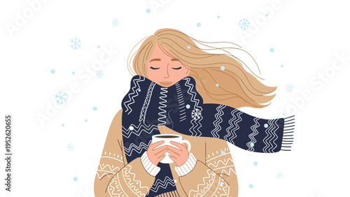 Cozy winter illustration of a young woman wrapped in a warm scarf, holding a hot cup of coffee as snowflakes fall around her.