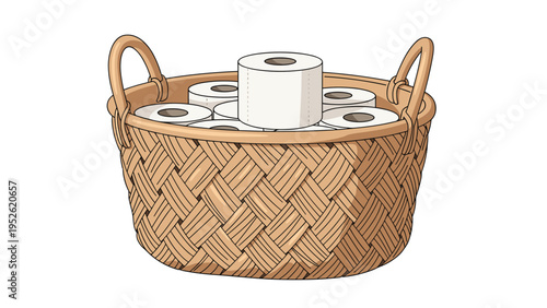 Woven wicker basket filled with several rolls of soft white toilet paper, isolated on a clean white background.