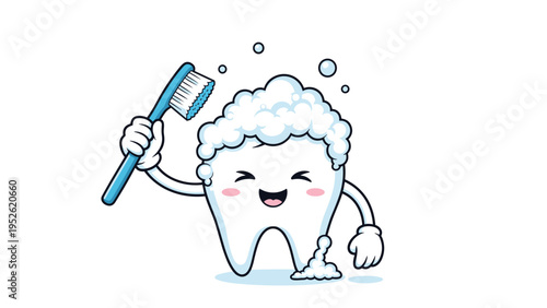 Happy cartoon tooth character covered in foam bubbles holding a blue toothbrush, promoting dental hygiene and health.