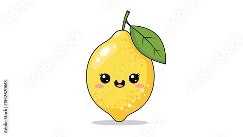 Adorable cartoon lemon character with a happy face, rosy cheeks, and a green leaf, isolated on a white background.