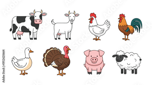 Large set of diverse farm animals including a cow, goat, chicken, rooster, duck, turkey, pig, and sheep in a cartoon style.
