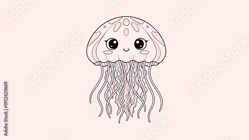Charming illustration of a cute jellyfish with a happy face and many wavy tentacles on a soft pink background.