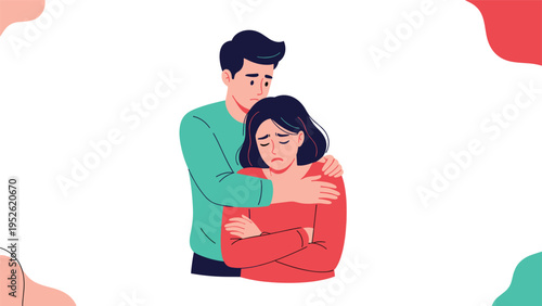 Emotive illustration of a man gently comforting a sad and crying woman, highlighting support, empathy, and relationships.