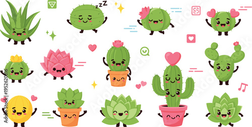 Cute kawaii cactus and succulent characters vector set with smiling plants in pots, adorable cartoon desert plant mascots illustration