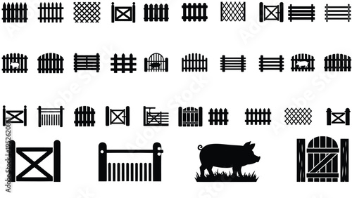 Farm Fence Styles and Livestock Silhouette Icon Set with Barn and Cow