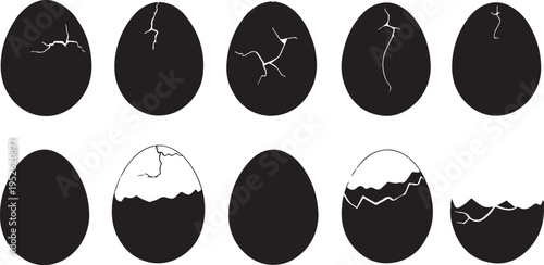 Set of 10 cracked eggs vector icons isolated on Transparent Background