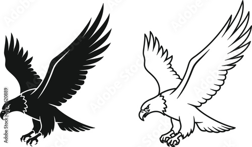Flying Eagle Icon Set Black and White Vector Vector