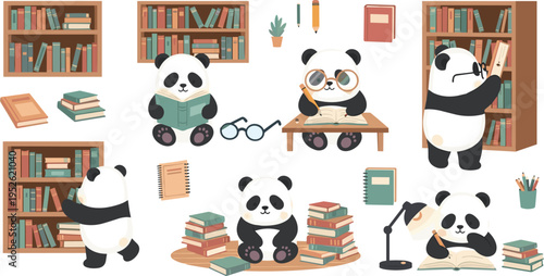 Cute panda reading books vector set with library scenes, studying characters, bookshelves and education learning cartoon illustration