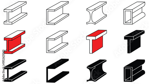 Collection of Professional Structural Steel Beam Icons Set Including I-Beam H-Beam Wide Flange and Metal Construction Girder Profiles for Engineering