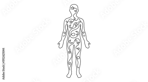 Silhouette with Stars Inside Organs Continuous Single Line Minimalist Cosmic Being Line Art Illustration