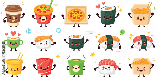 Cute kawaii sushi and fast food characters vector set with smiling cartoon food mascots, drinks, noodles and playful illustration
