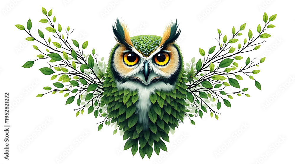 Obraz premium Green owl leaf texture foliage wing branch nature creature with intense eyes, surreal forest spirit portrait conveying calm wonder