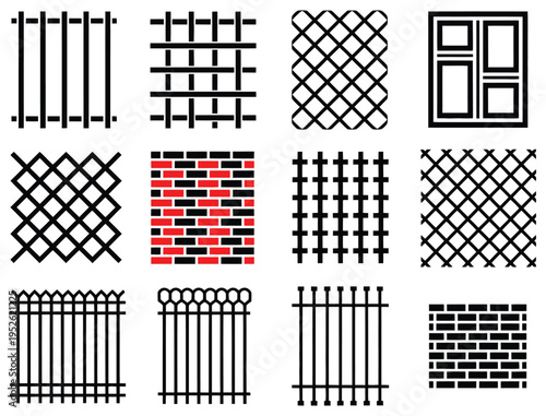 Fence Patterns and Wall Textures Silhouette Set with Brick Highlight in Red