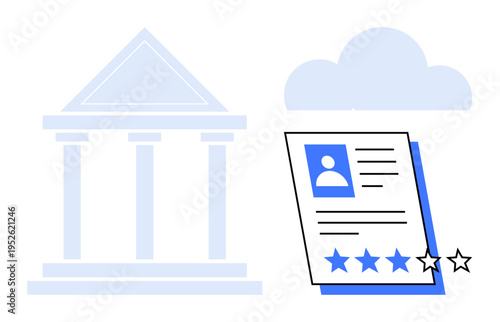 Government building next to a profile document with user rating stars, hinting at evaluations, feedback. Ideal for governance, reviews, authority, career, data analysis, evaluation digital