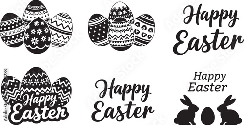 Set of 6 Easter icons and typography vector isolated on Transparent Background