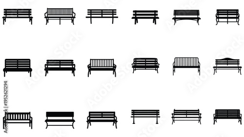 Park bench silhouette set featuring outdoor garden, Set of Black Park Bench Silhouettes