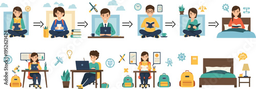 Daily routine and productivity workflow vector illustration with student studying, working, learning, resting and time management lifestyle sequence
