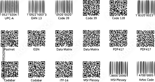 Various Barcode and 2D Code Symbologies: UPC-A, EAN, Code 39, QR, Data Matrix, PDF417, Aztec, MSI Plessey, Postnet, ISSN, Codabar, ITF-14 Examples
