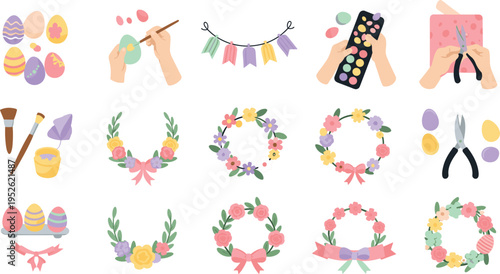 Easter wreath making and decoration vector set with floral wreaths, painted eggs, crafting tools and spring holiday DIY elements