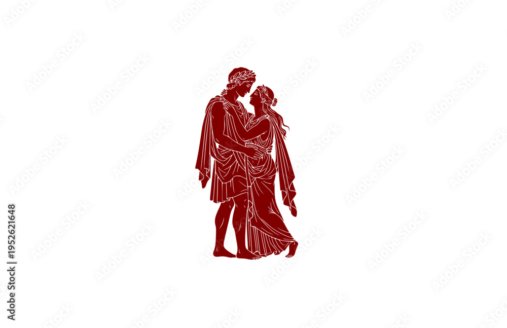 Fototapeta premium Ancient Greek Mythology Lovers Silhouette, Classical Roman Romanesque Vector Sticker, Mythical Epic Romance Illustration