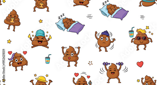 Funny poop emoji characters seamless pattern vector illustration with cute kawaii poop mascots in different activities playful cartoon design