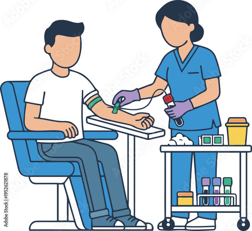 Flat vector illustration of a healthcare professional drawing blood from a patient seated in a clinic chair, depicting a routine medical test or blood donation procedure in a clean clinical environmen