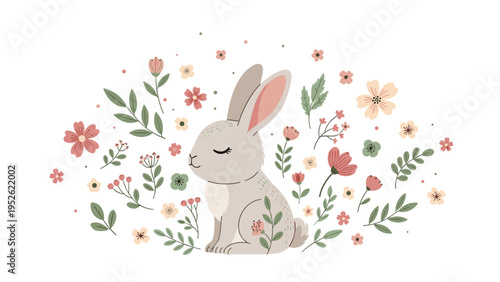 Adorable grey rabbit sits peacefully with closed eyes surrounded by a whimsical wreath of colorful wild flowers and leaves.