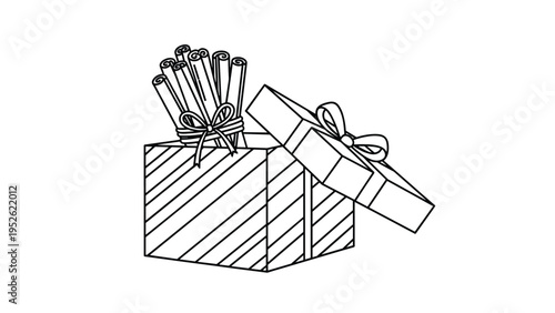 Black and white line art shows an open striped gift box filled with bundles of cinnamon sticks tied with small twine bows.