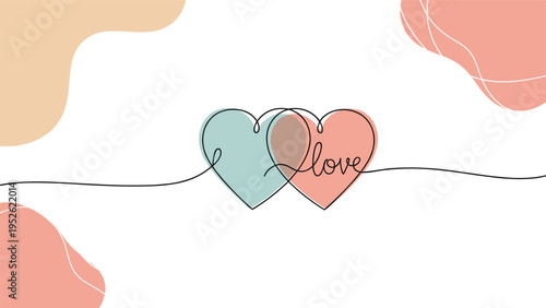 Elegant single line drawing of two interlinked hearts with the word love written in one, over soft pastel background shapes.