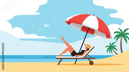 Relaxed woman sunbathes on a deck chair under a red and white umbrella on a sandy beach by the tropical ocean blue waves.